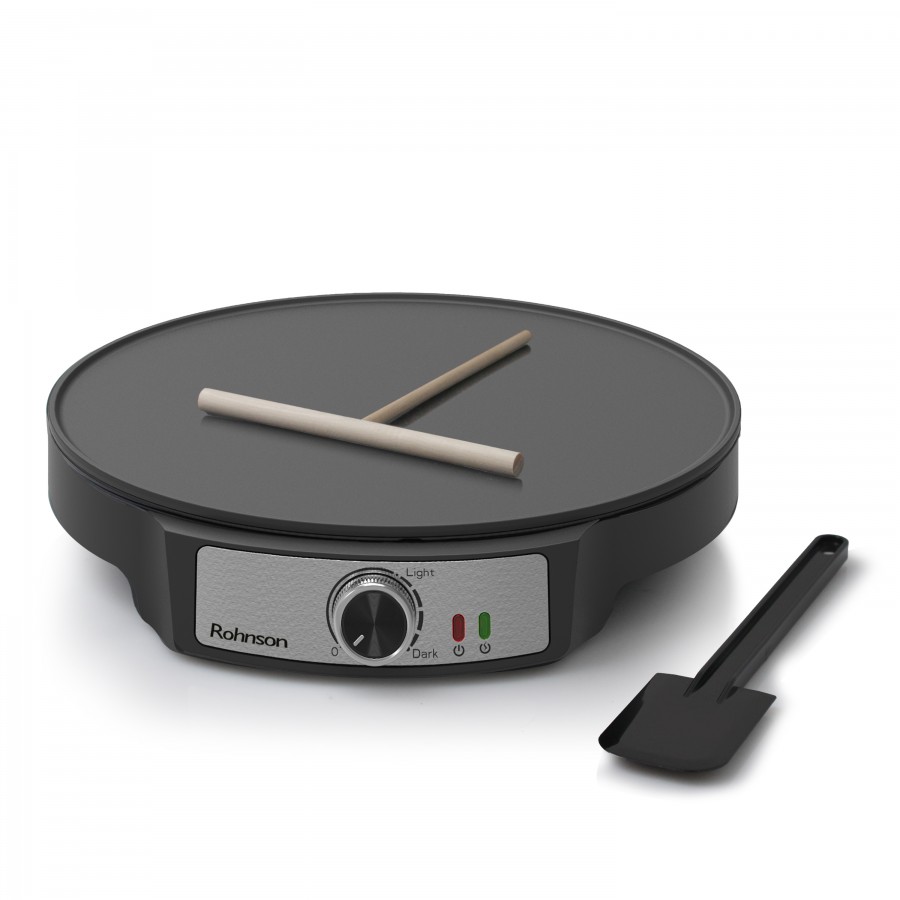 Aparat pentru preparat clatite Rohnson R2203, 1200 W, diametru plita 30 cm, termostat reglabil, spatula si T-tool din lemn, Negru